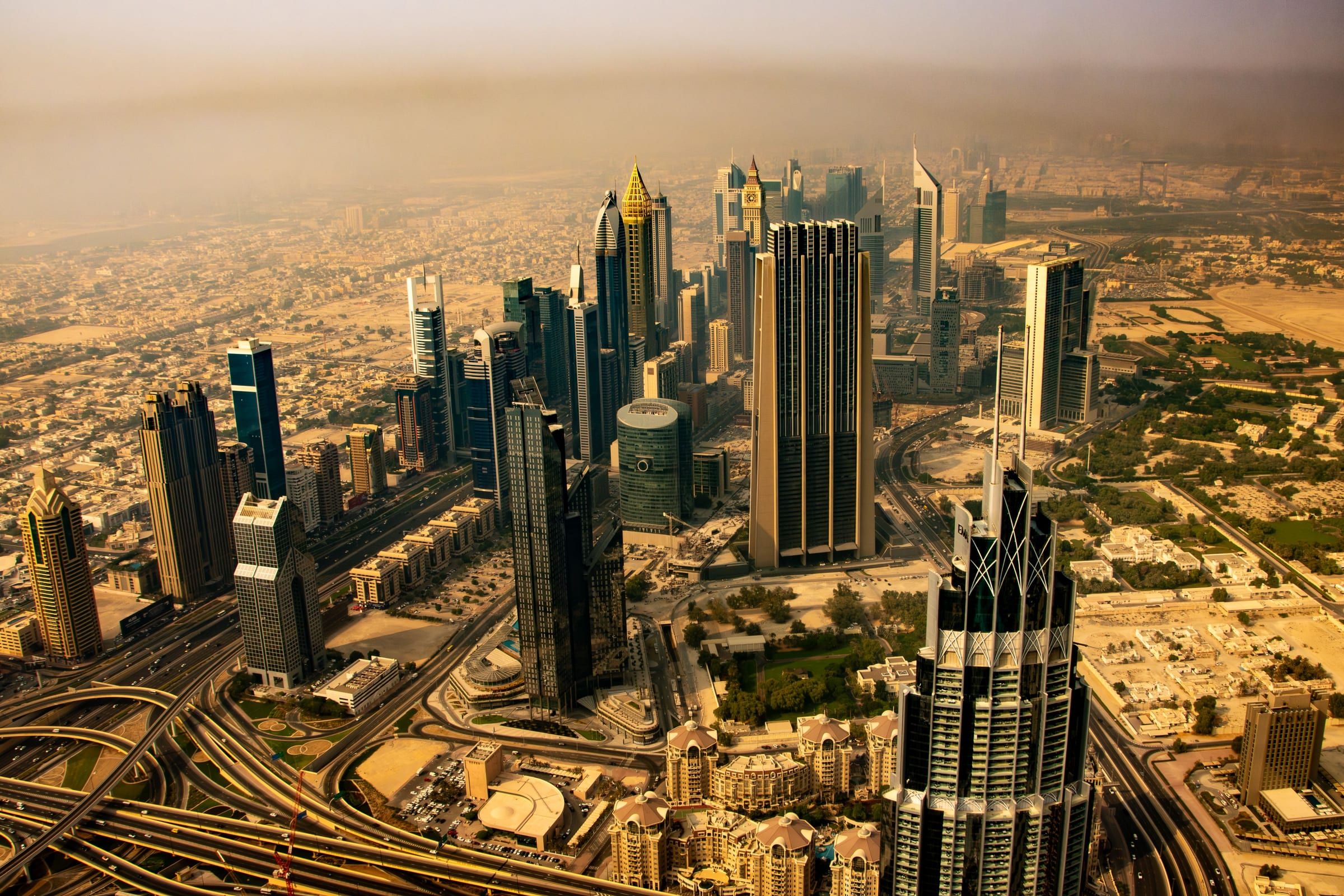 Dubai skyline seen from above through haze